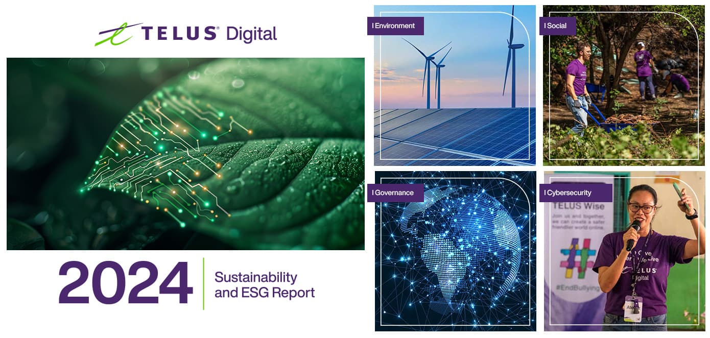 A grid of five images representing the 2024 Sustainability and ESG Report. The first image, which takes up the left half of the grid, shows the cover of the report featuring a green plant leaf with an illustration of connected digital circuits covering the bottom half of the leaf. The other half of the grid includes four images described starting counterclockwise from top left: The first is titled, ‘Environment,’ and shows solar energy windmills and panels; the next is titled, ‘Social,’ and shows two people planting a garden, the next image is titled, ‘Cybersecurity,’ and shows a person giving a speech, and the final image is titled, ‘Governance,’ and shows an illustration of the earth connected by digital circuits.