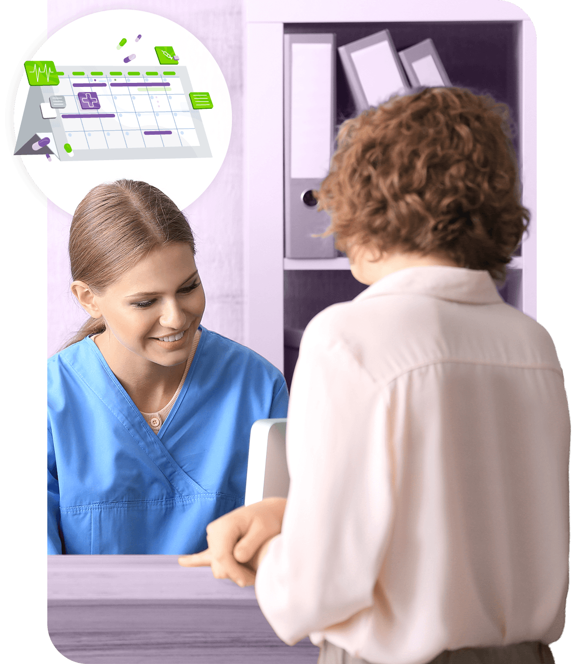 A medical professional speaking with a patient at a reception desk.