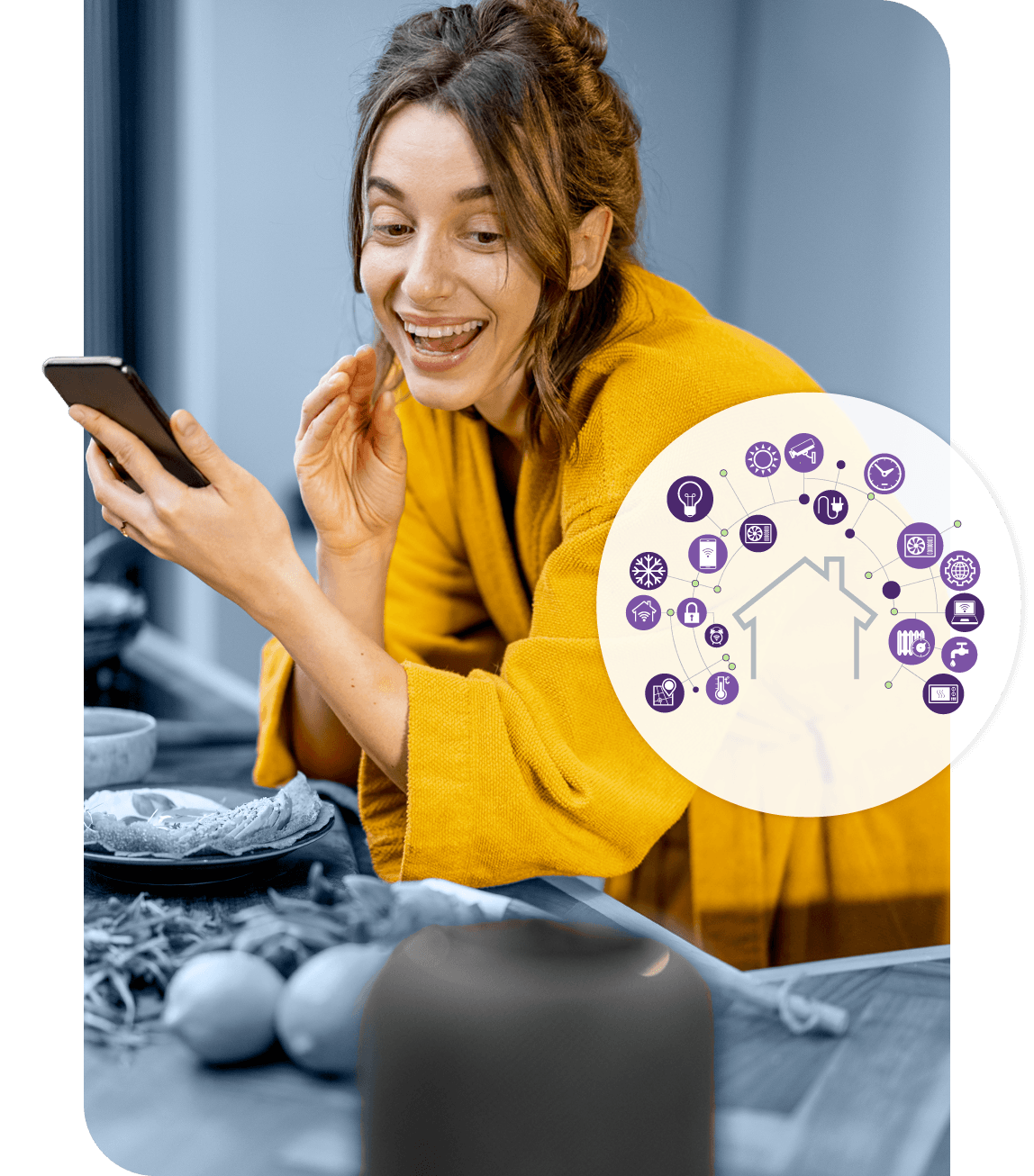 Person interacting with smart home device, with an overlay further symbolizing interconnected smart devices