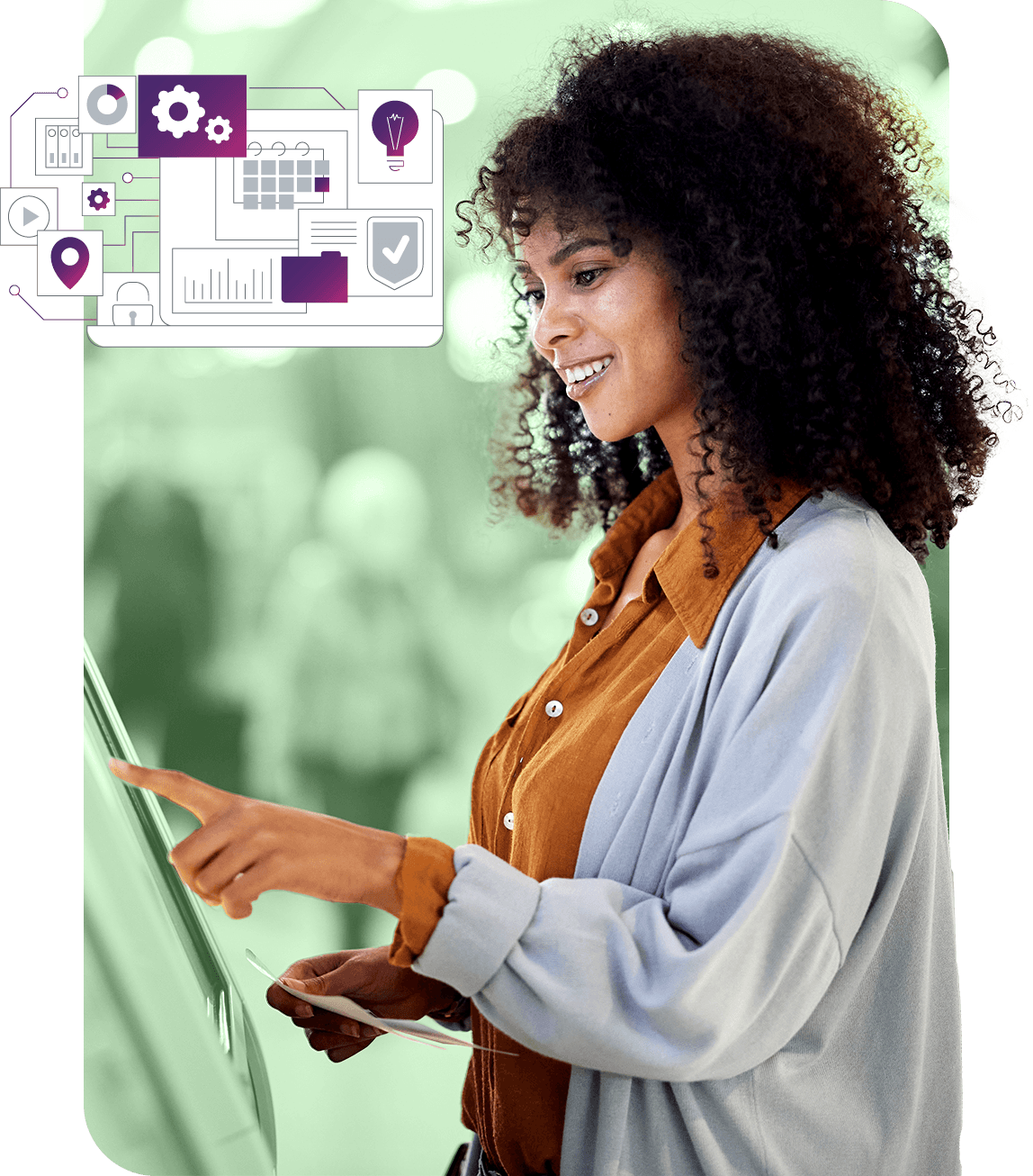 A woman standing at an airline kiosk checking herself into a flight.