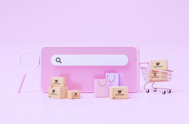 Search bar, magnifying glass, shopping cart, packages and bags meant to convey search relevance for the retail and ecommerce industry