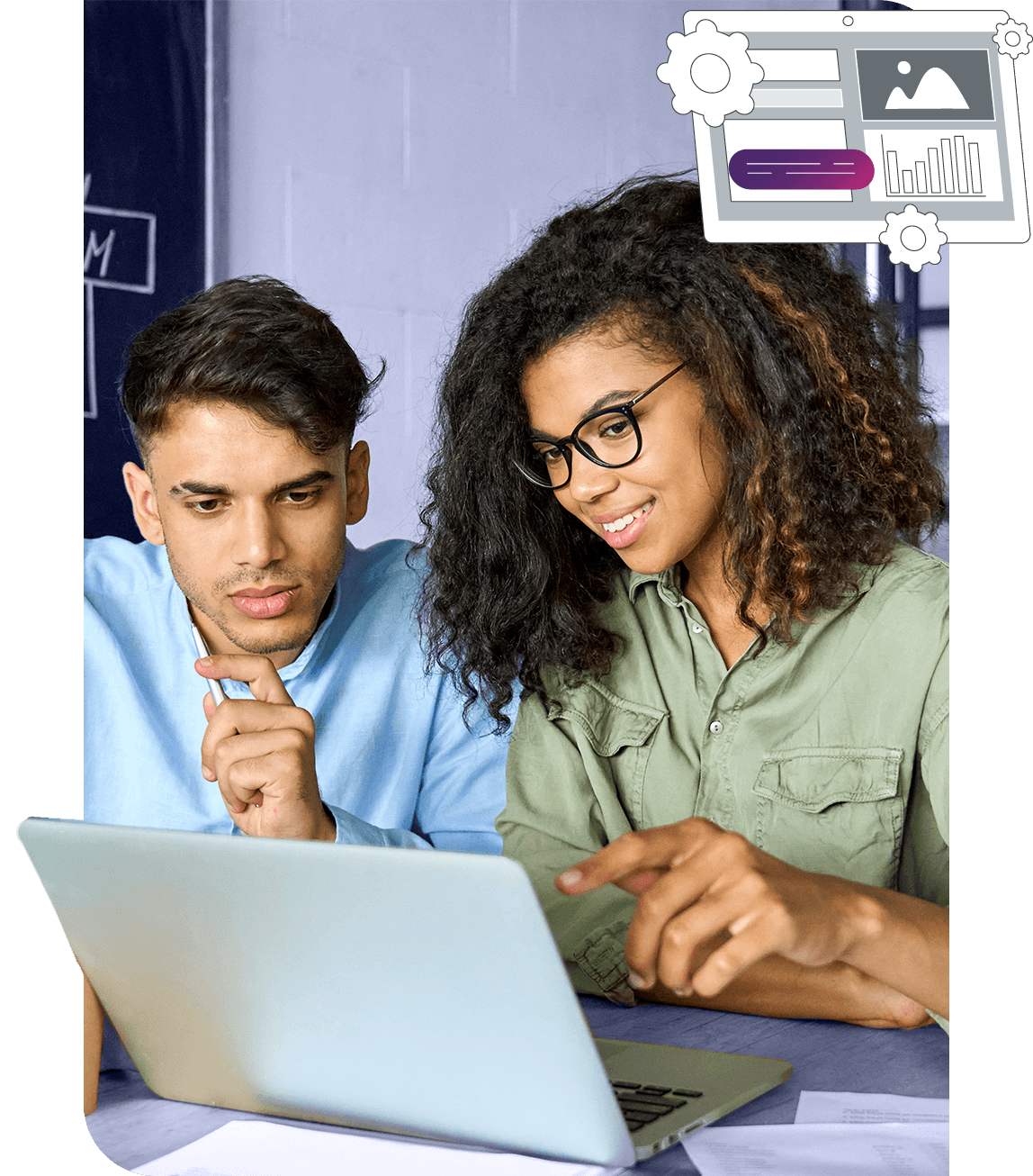 A business woman and man looking at a laptop.