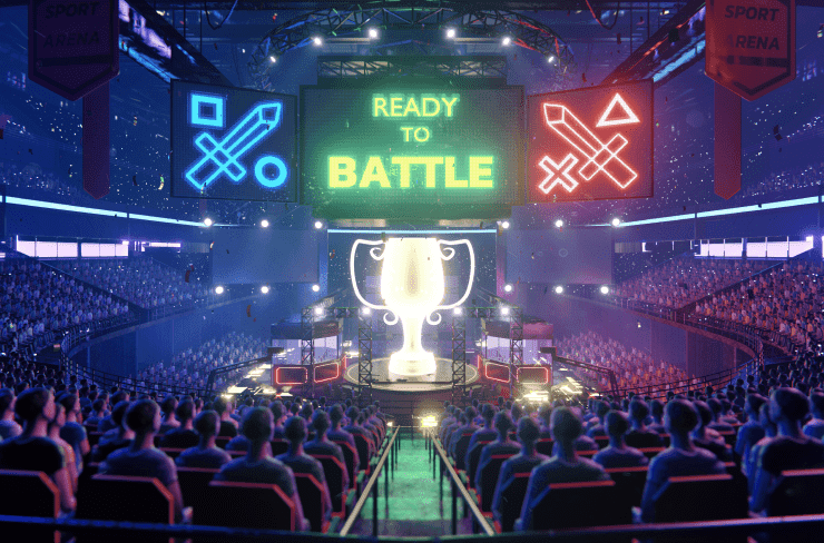 An illustration of a gaming arena with digital announcements on display