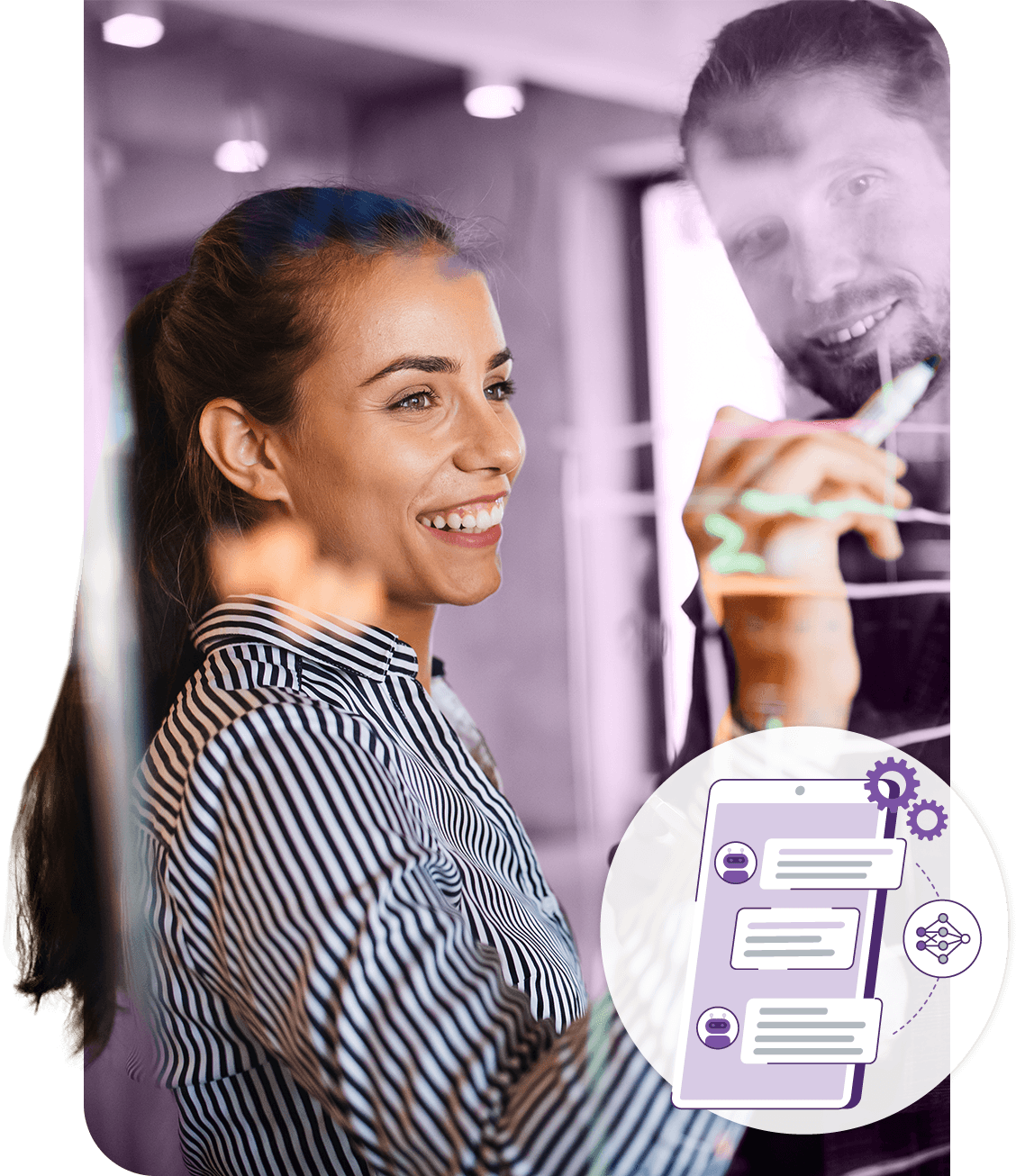 Photograph of person writing on a wall as is common in design thinking, with an overlay that portrays UX/UI design