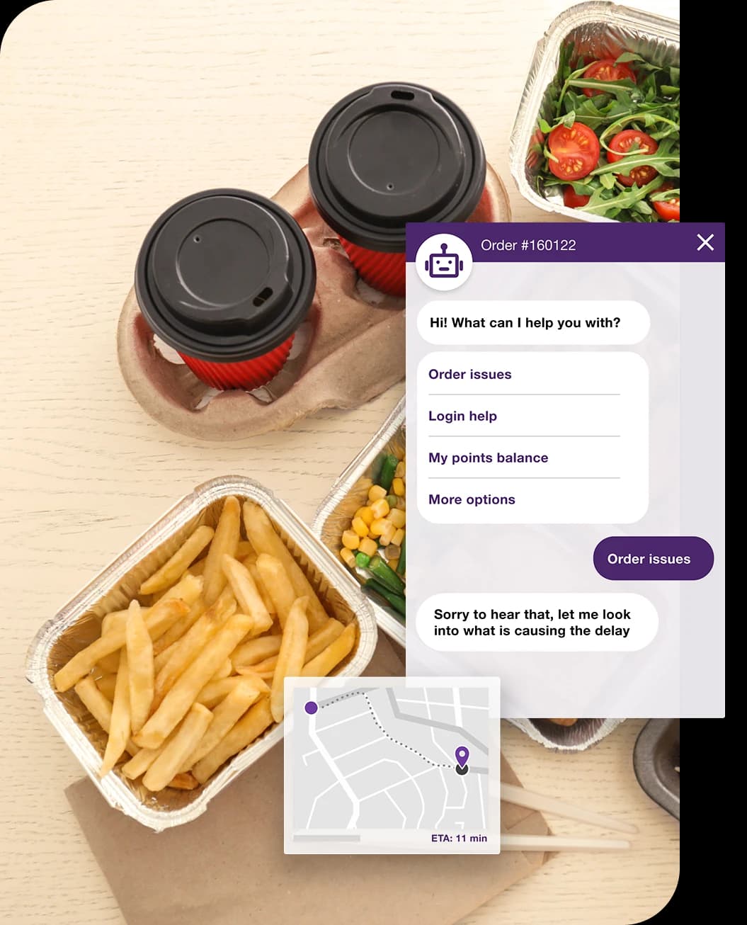 french fries and coffee along with an overlay of a chatbot conversation