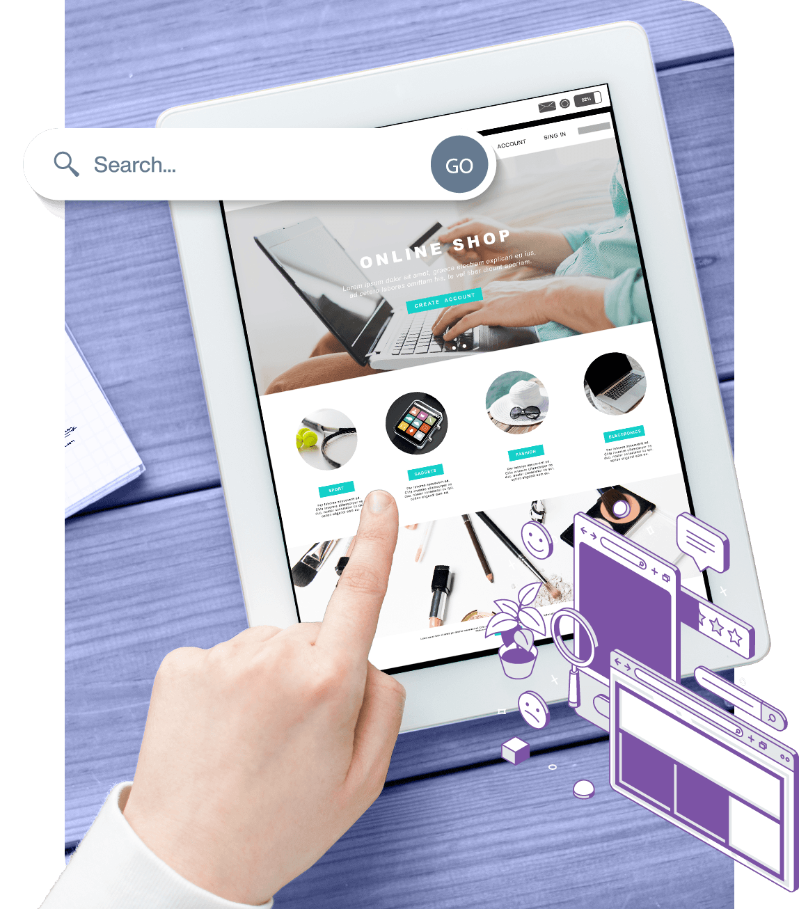 Person using tablet for online shopping, with an overlay of a search bar and various iconography symbolizing artificial intelligence