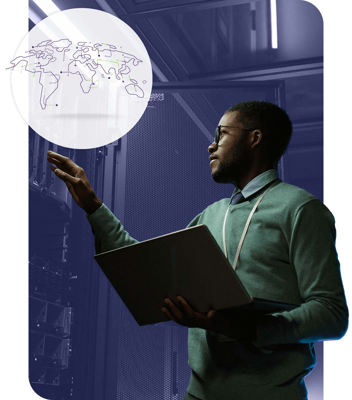 Illustration of person in a server room, with an overlay depicting a world map