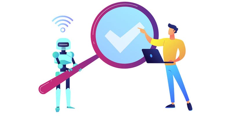 robot holding magnifying glass with check mark while human holds computer.