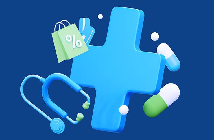 An illustration of a large cross surrounded by prescription pills and a stethoscope.