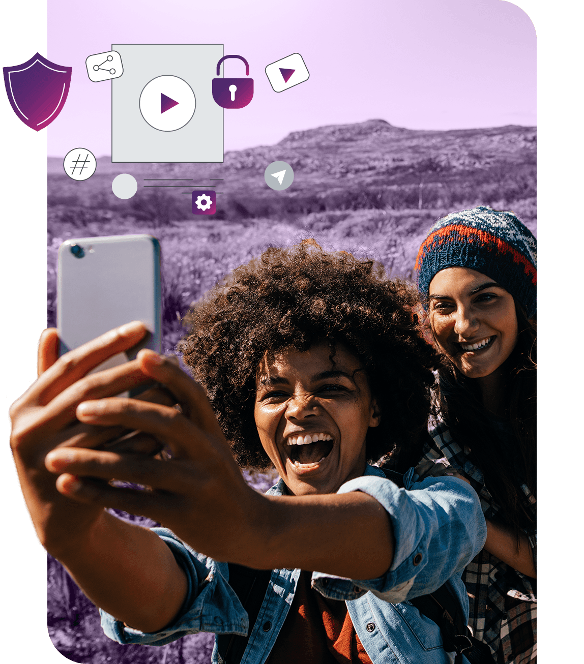 Two women taking a selfie. Icons for security, and user generated content are overlaid.