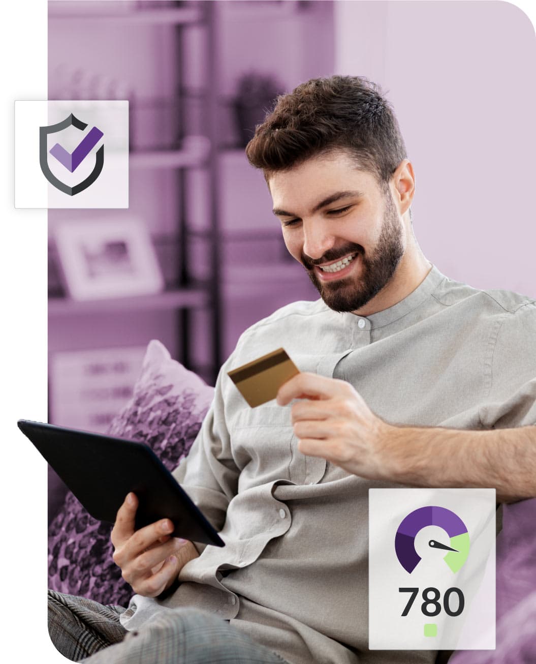 Person looking at a payment card and a tablet, with security rating overlays