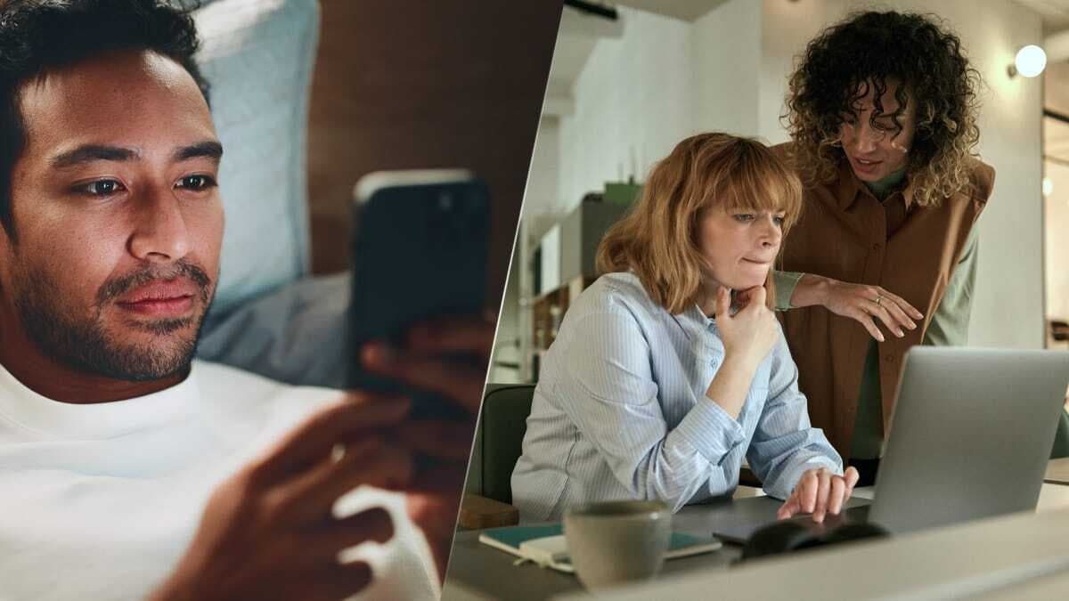 Split image - on the left, a man looks at his mobile device and on the right, two women look at a laptop screen.