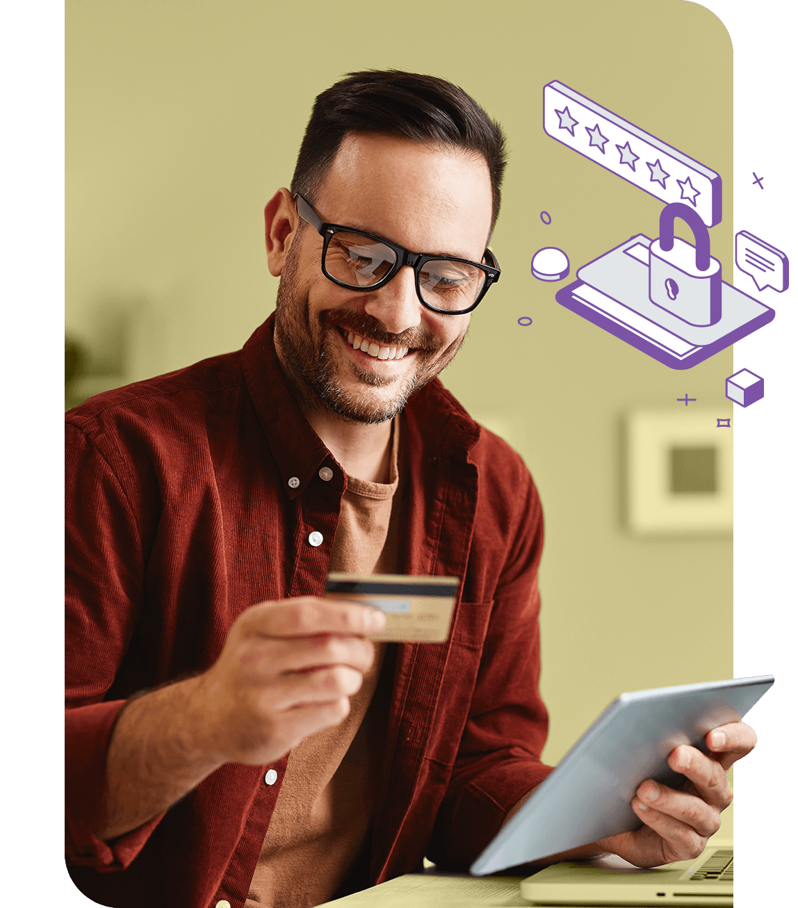 Shopper looking at a payment card while holding a tablet; an overlay displaying a lock and star rating conveys trust and safety