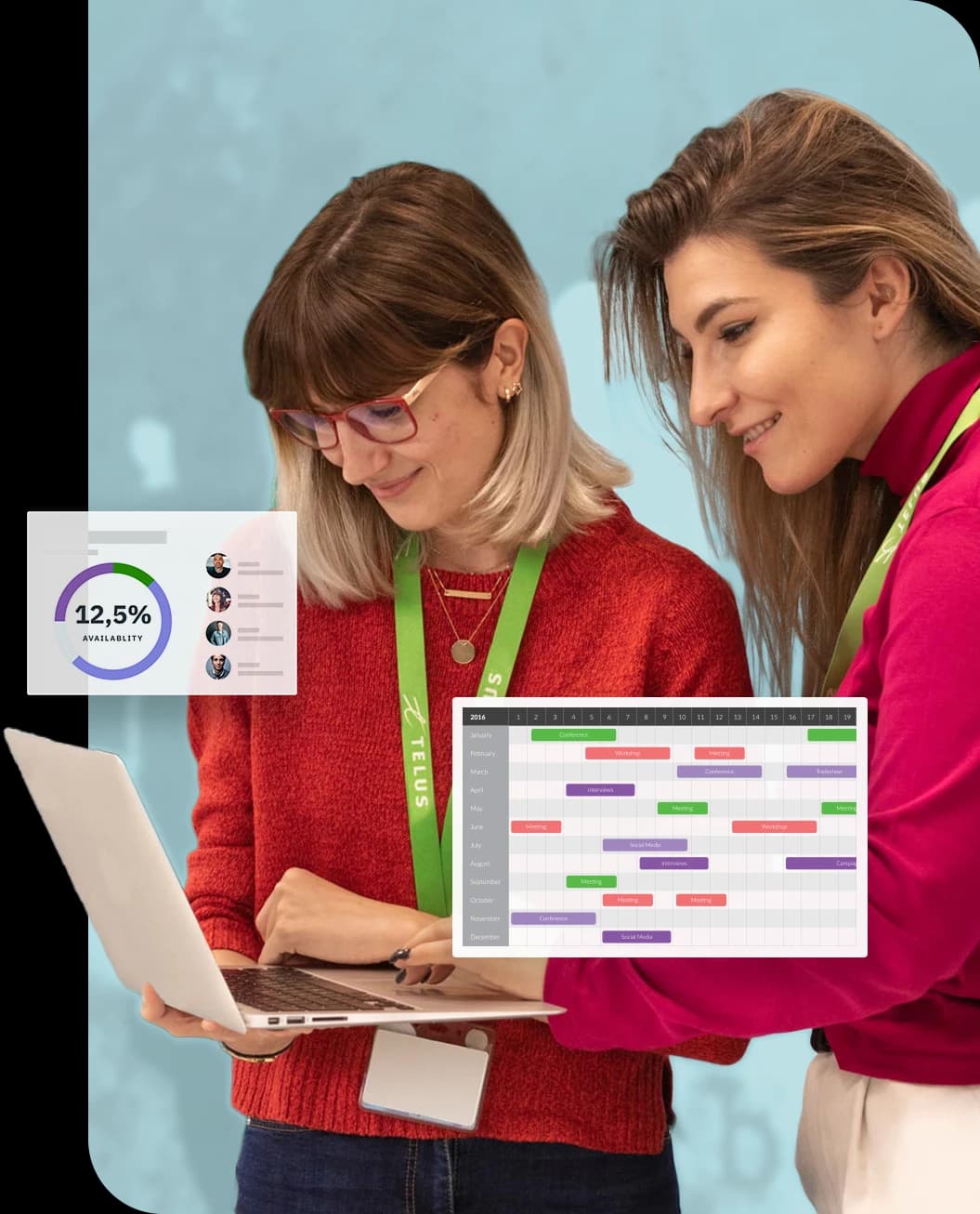 Two women working on a laptop with a graphic overlay of a calendar and a scorecard