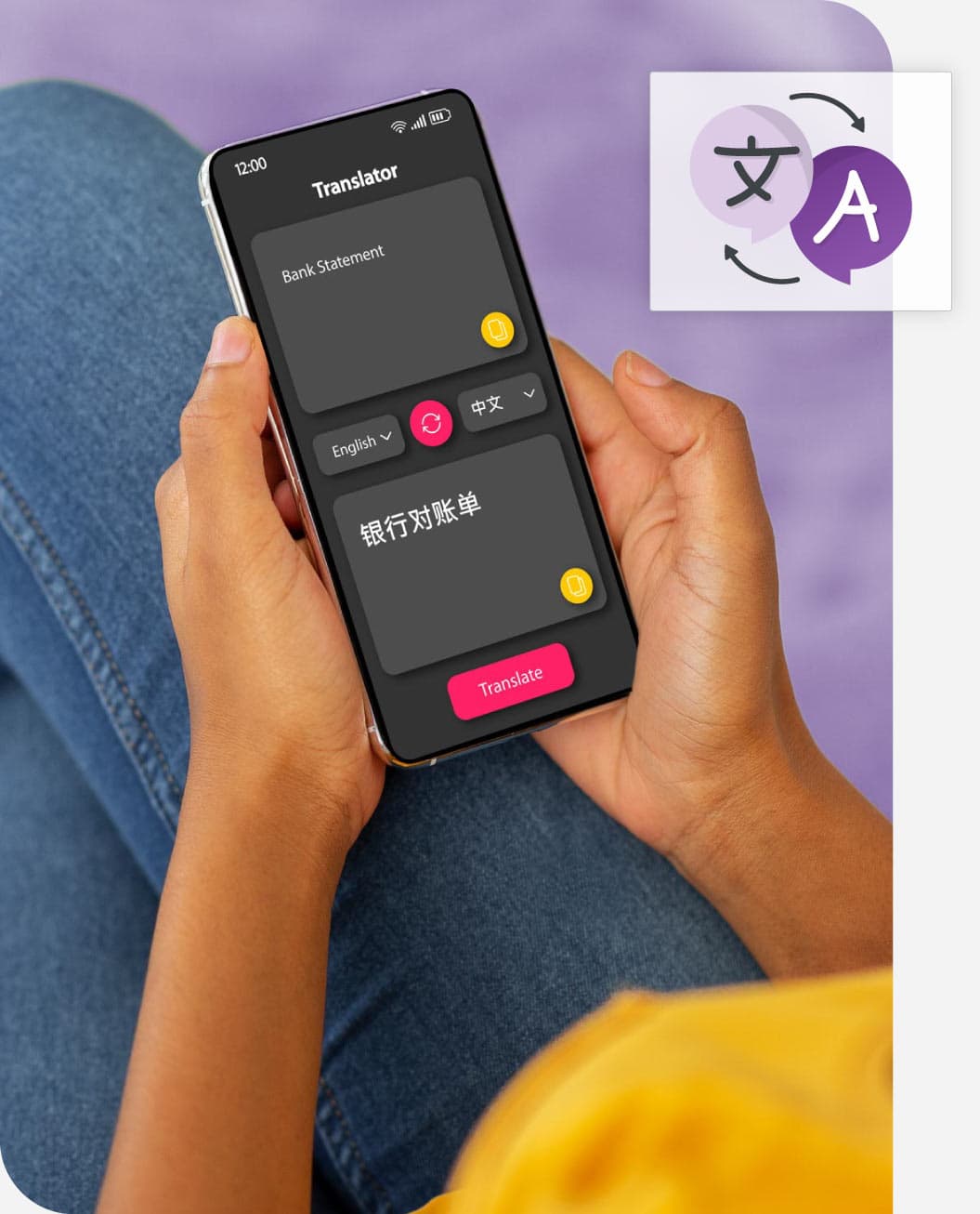 Person looking at smartphone with an translation icon meant to symbolize automation