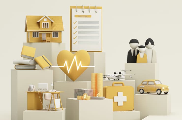 Various iconography, including a heartbeat, home, car and a family, all meant to symbolize insurance