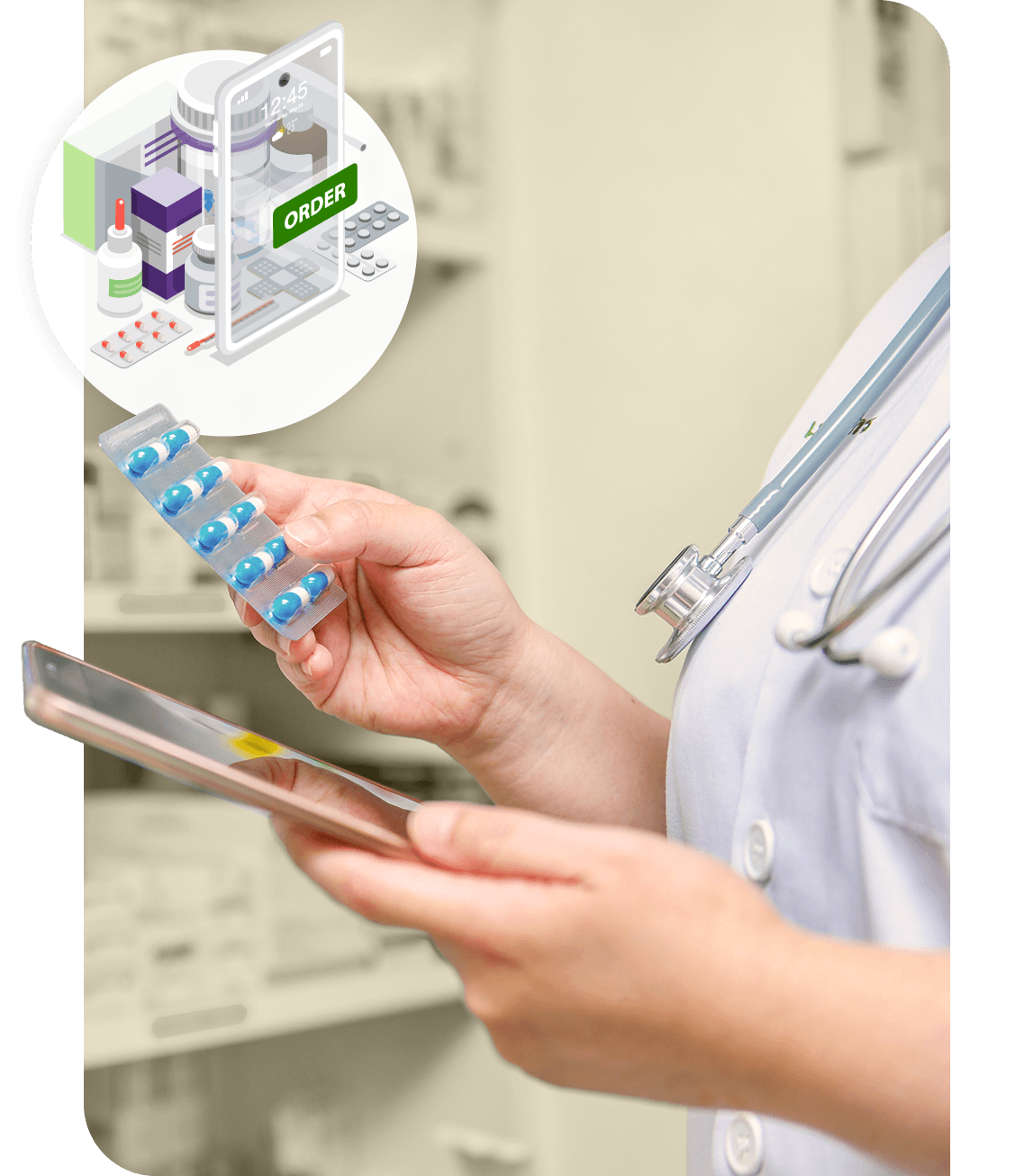 A medical professional holding prescription pills while looking at a tablet.