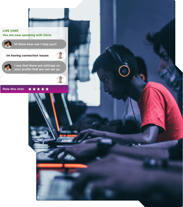 A player support agent chatting with a customer with an overlay of the conversation