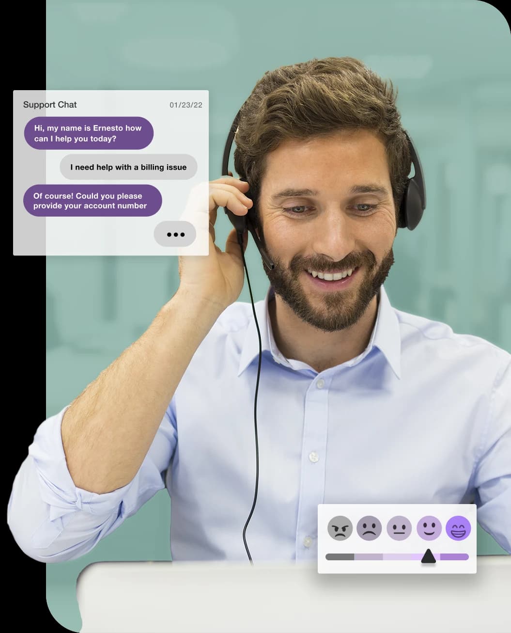 a smiling customer support agent with an overlay of a support chat