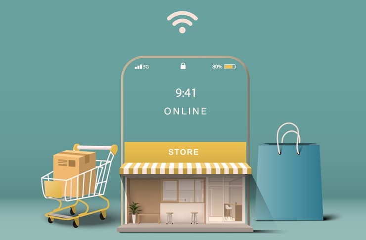 Illustration of a digital storefront displayed on a smartphone, accompanied by a shopping cart and bag