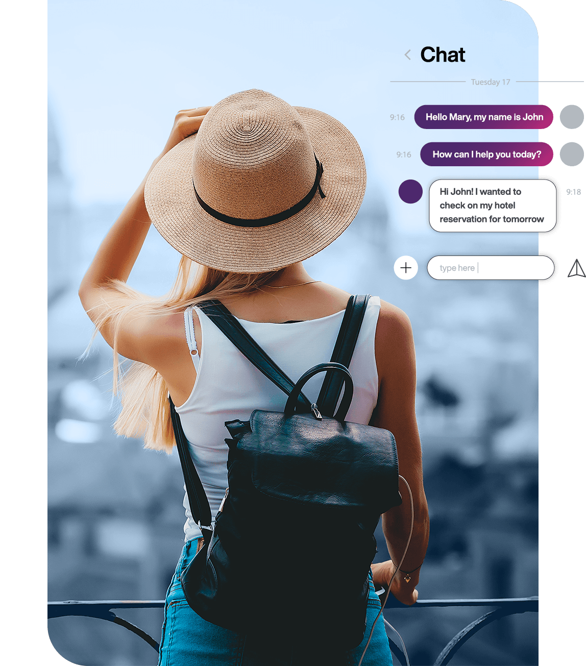 A woman wearing a hat looking over a balcony at a view with a chatbot conversation discussing a hotel reservation overlaid.