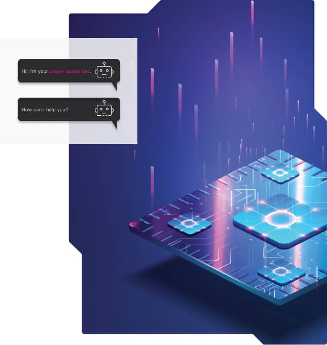 Illustration of a microchip and an overlay of a chatbot conversation