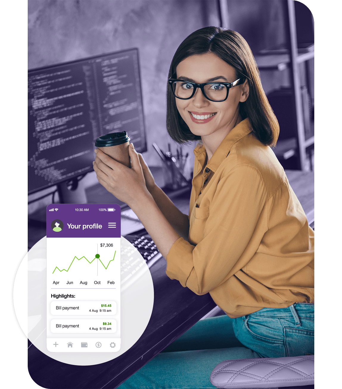 Person in front of computer displaying lines of code, with an overlay displaying a line graph