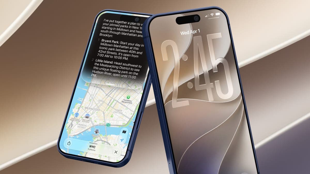 Two phones are displayed. The phone on the left displays a lock screen overlapping with a map interface showing Manhattan, New York, alongside a translucent pop-up notification with a detailed itinerary (e.g., "Start your day in Midtown Manhattan..."). The phone on the right displays a clean lock screen with a large, stylized clock reading 2:45 on "Wed Apr 1".