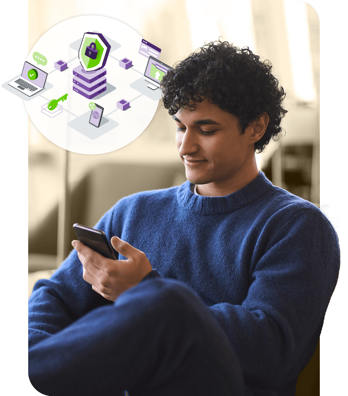 Person on phone, with an overlay that depicts a lock, a key and other icons to symbolize security